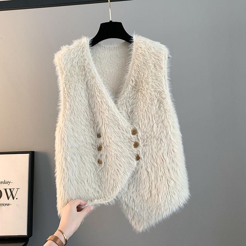 Women Loose Fit Knit Vest Cardigan 2025 New Faux Mink Fur Sweater Vest Spring Autumn Winter Outerwear