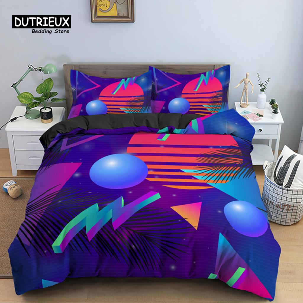 Psychedelic 3D Geometric Duvet Cover Modern Retro Neon Bedding Set Microfiber Colorful Abstract Quilt Cover Full For Kids Teen