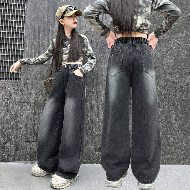 Jeans Neri Dritti Vintage per Bambina Adolescente Pantaloni in Denim Sfumato Casual Moda Bambini Jeans Pantaloni 4-14Y