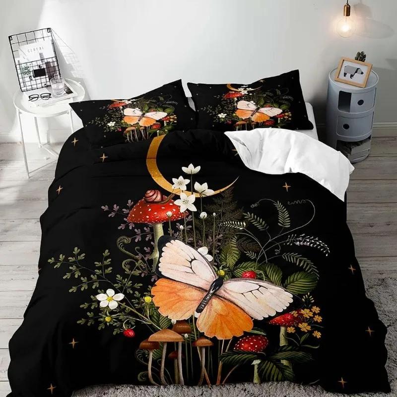 Aesthetic Boho Duvet Cover Full,3PCS  Bedding Set,Green Plant Botanical Fungus Beige Comforter Bedspread Quilt Cover