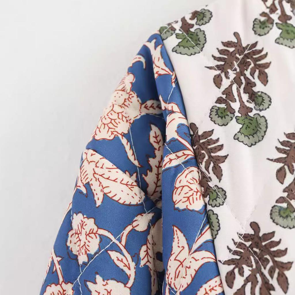 Jachetă de bumbac patchwork cu imprimeu pentru femei, matlasată, cu mânecă lungă, largă, scurtă, caldă, îmbrăcăminte exterioară de toamnă-iarnă pentru femei