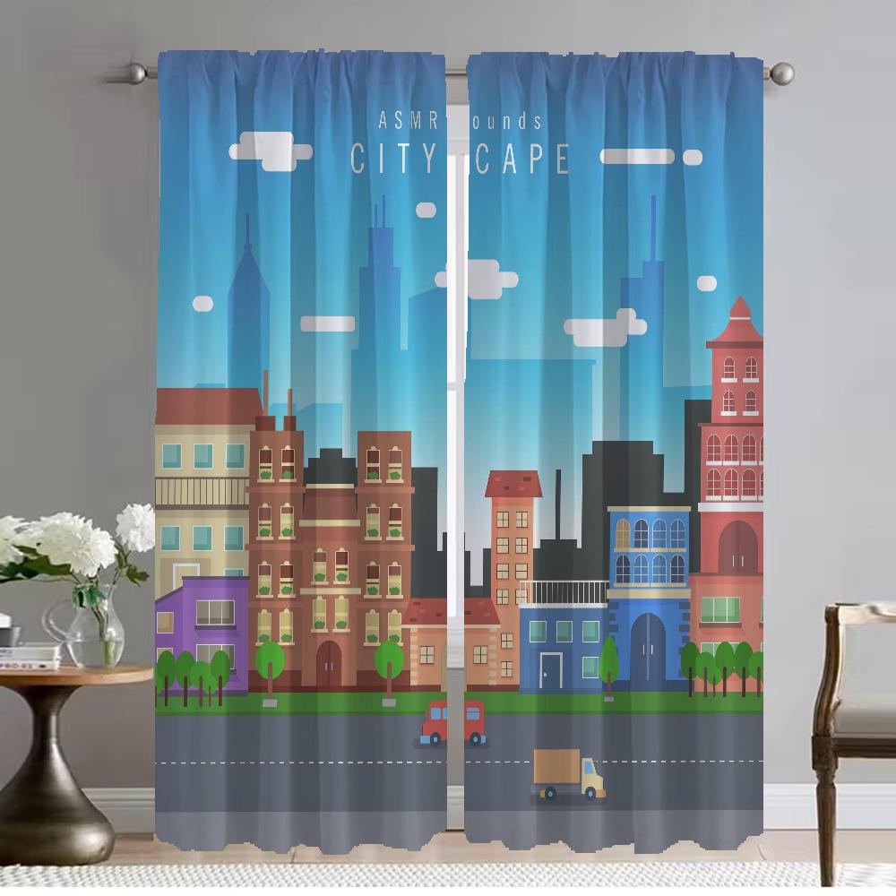 City Road Cartoon Kitchen Curtains 2 Pieces Living Room Curtain Shades Tulle for Bedroom Halloween Decoration Partition Blackout