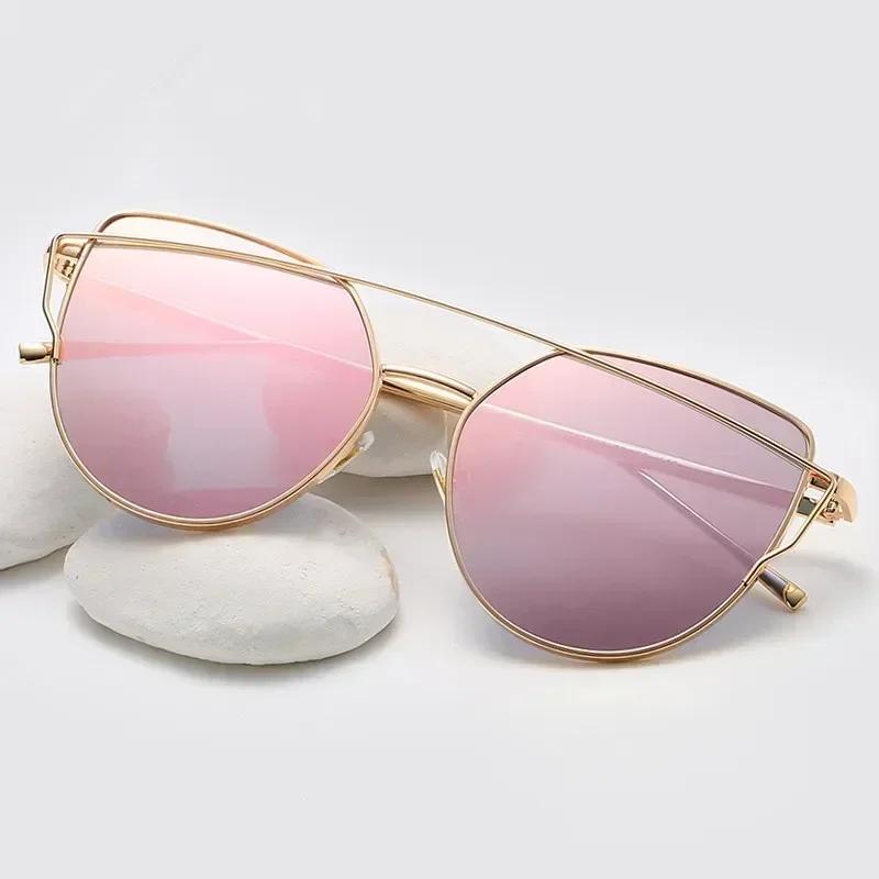 New Cat Eye Sunglasses Women Brand Designer Fashion Twin-Beams Rose Gold Mirror Cateye Sun Glasses For Female UV400
