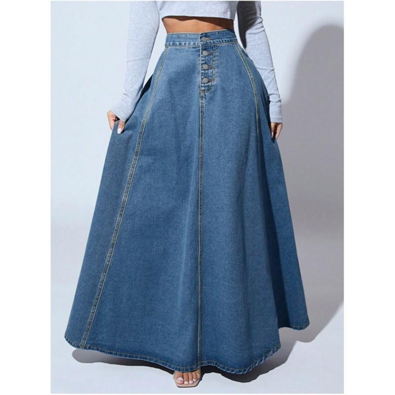 

Женские джинсовые юбки А-силуэта на пуговицах, длинные, простые, повседневные, винтажные, элегантные, с высокой талией 2XL темно-синий
