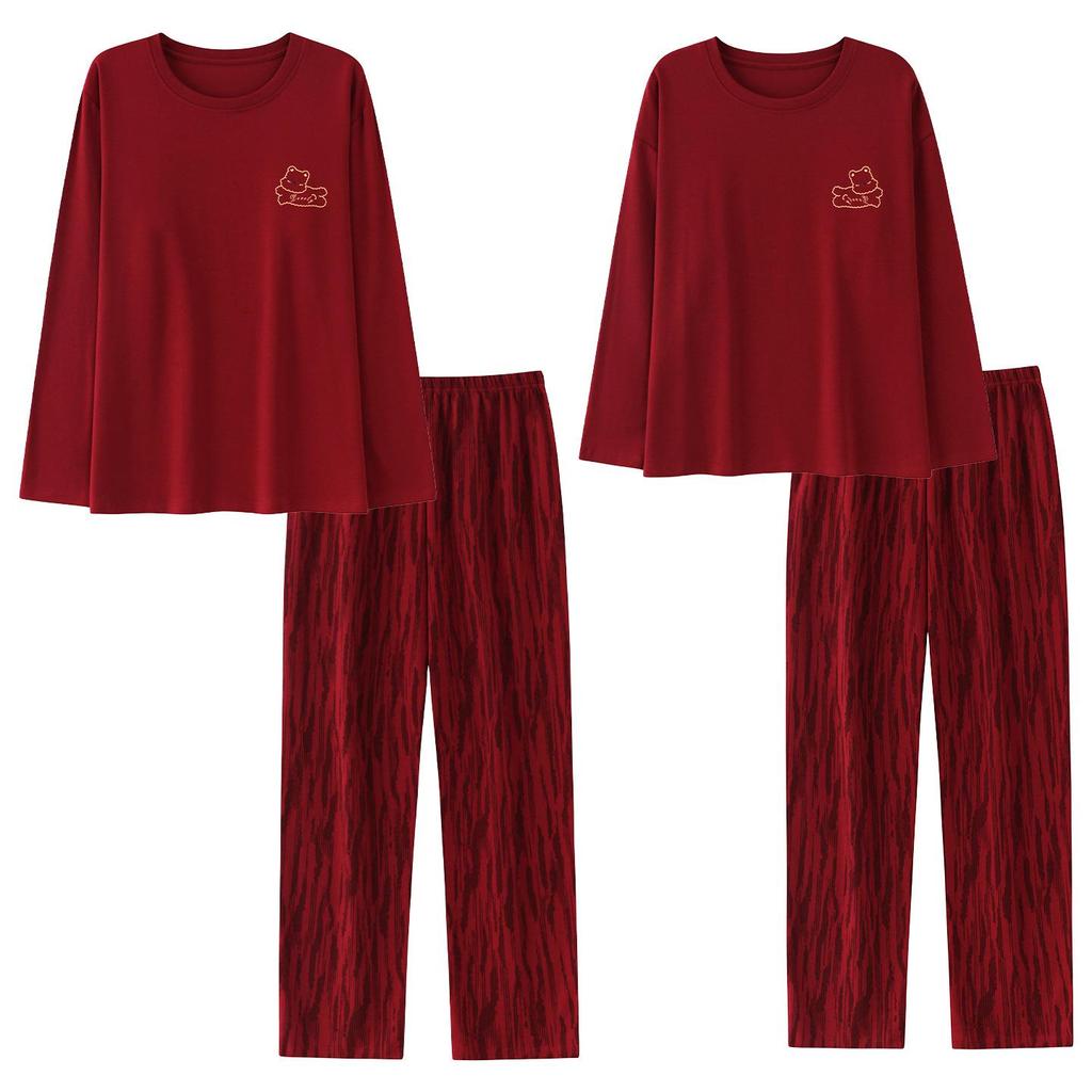 Tencel Cotton Red Wedding Pajamas for Couples: Year of the Rat Festive Long Sleeve Pullover Set for Spring and Autumn