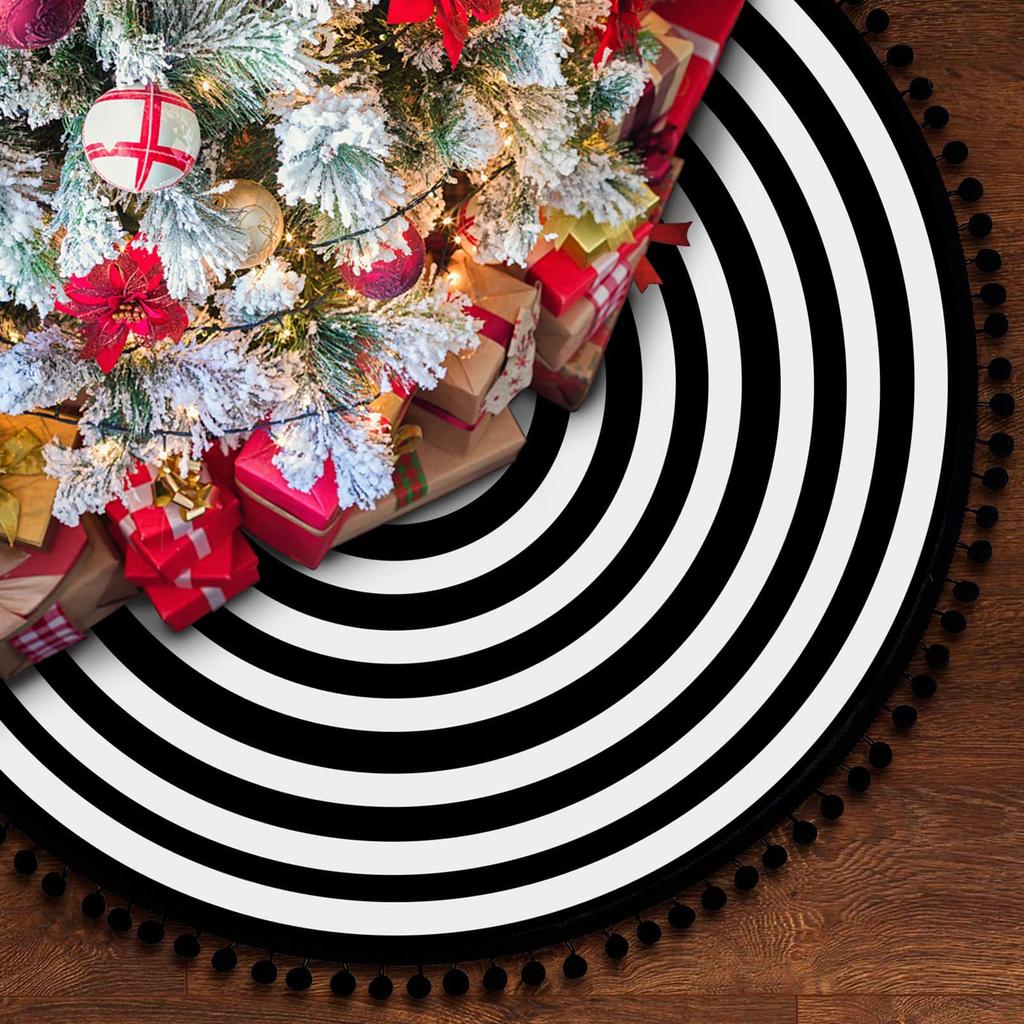 Striped Christmas Tree Skirt, Round Tree Mat for Holiday Floor Decor