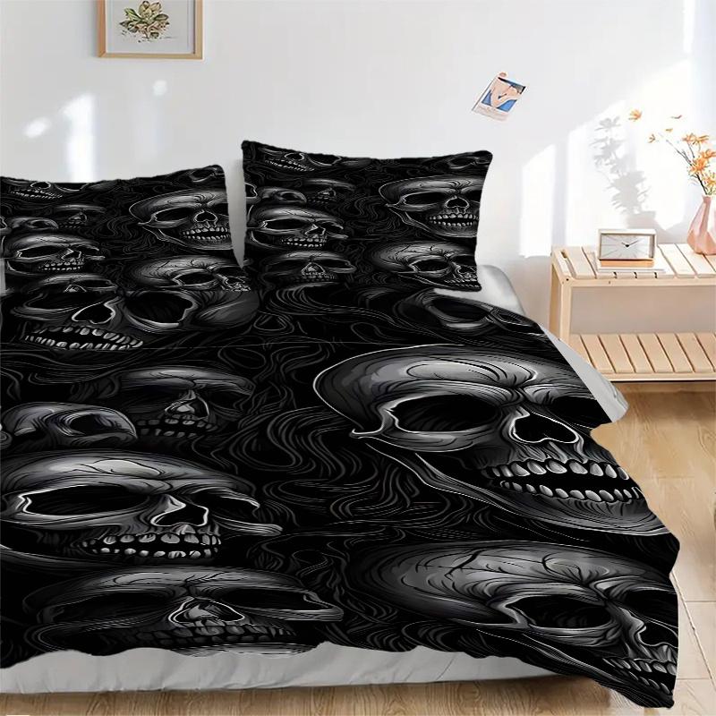 3pcs Skull Patterned Pillowcase Set - Includes One Quilt Cover and Two Pillowcases (No Core) - Home Decor, Festival Gift, Polyester Fabric, Anime Cart