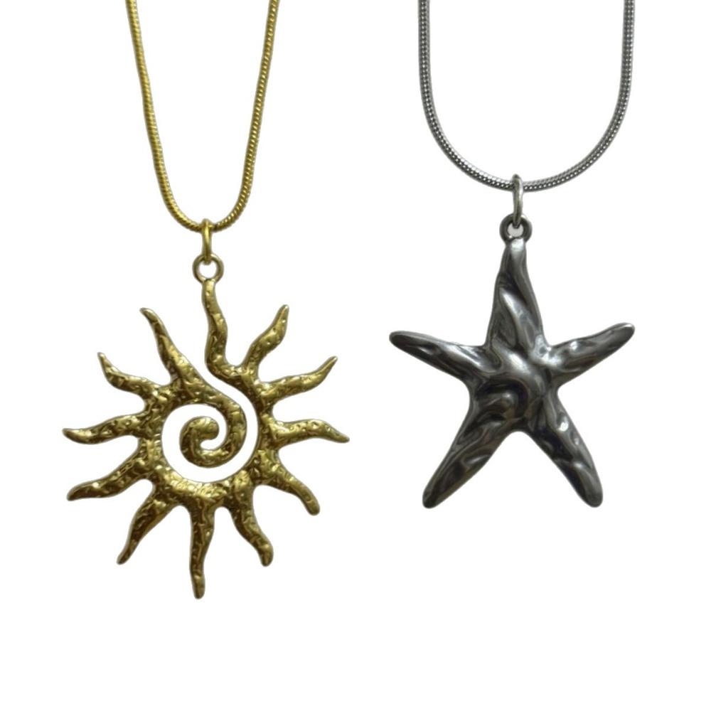 Retro Personality Stainless Steel Lava Metal Starfish Gold Color Sun Pendant Snake Bone Chain Necklace for Women Punk Jewelry
