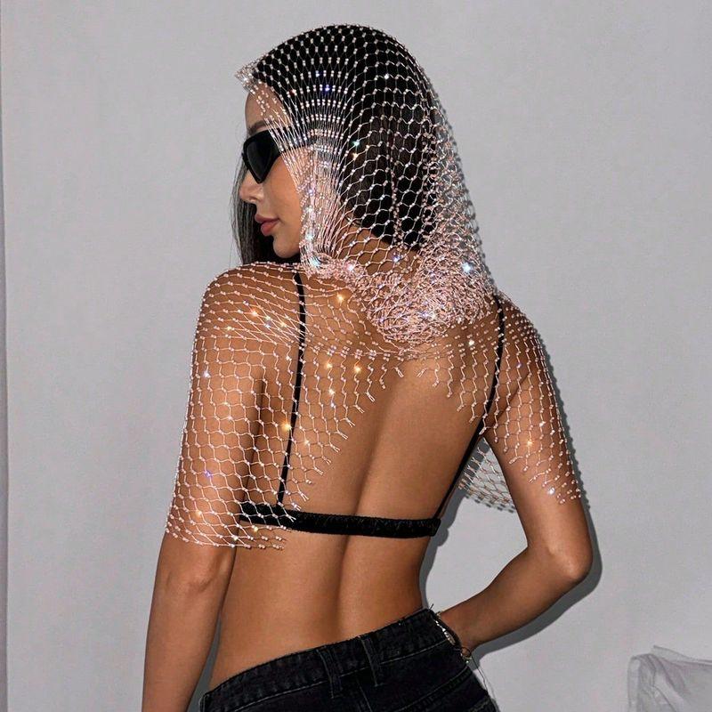 Cross-Border New European and American Women's Clothing: Mesh Rhinestone Fishnet Top, Sweet and Spicy Style, Sparkling Rhinestone Hooded Vest