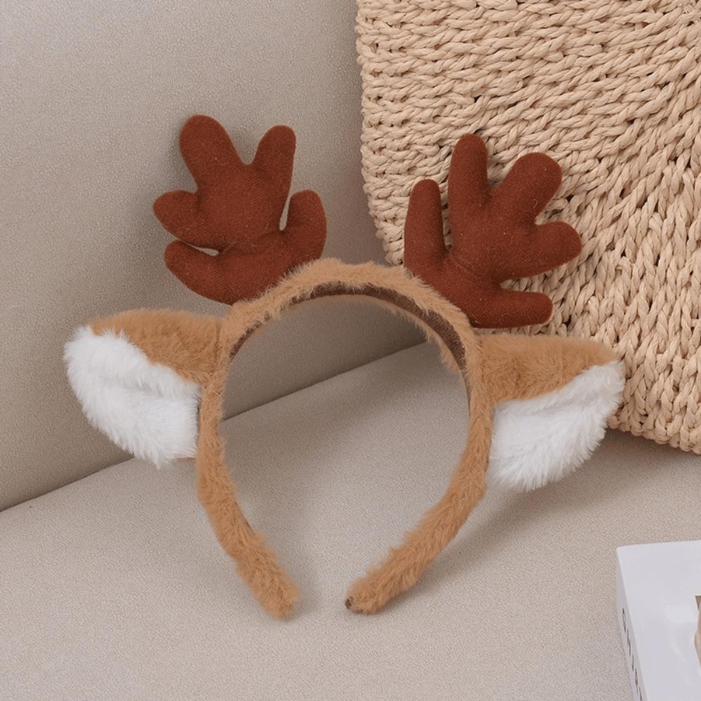 Plush Christmas Reindeer Antlers Hairband Brown Headband Universal Hair Hoop Gift