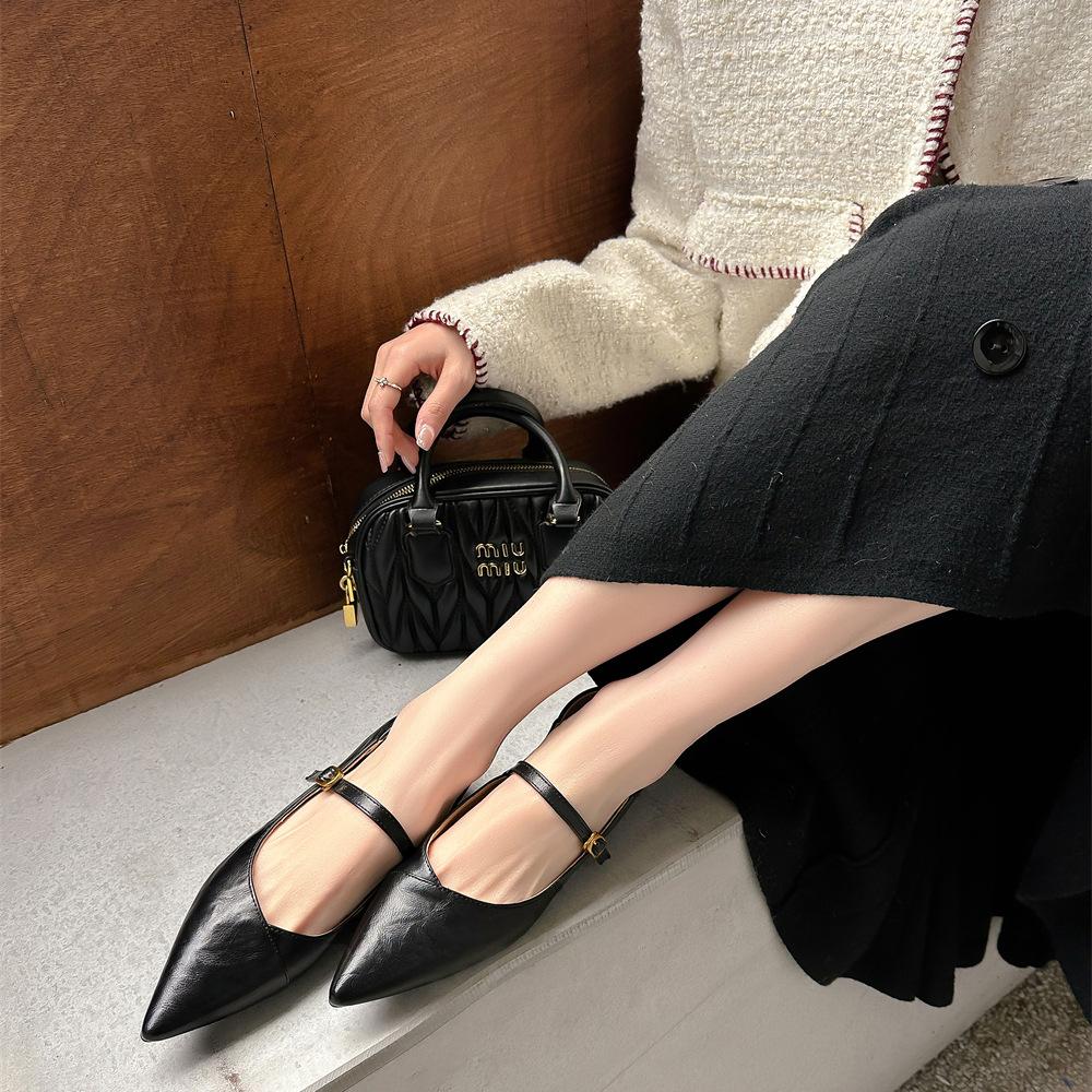 Washed cowhide~ Retro genuine leather soft sole is not tired feet women's shoes spring pointed shoes one-word buckle Mary Jane single shoes laden sho