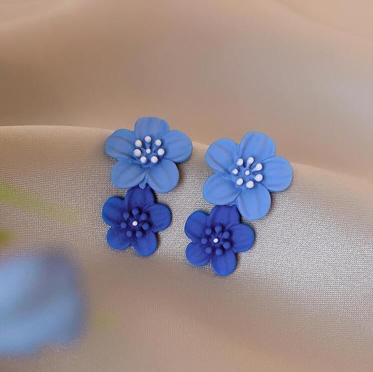 Double Flower Earrings Trendy Pink Flowers Studs Earrings For Women Wedding Party Jewelry Boho Metal Earrings Female