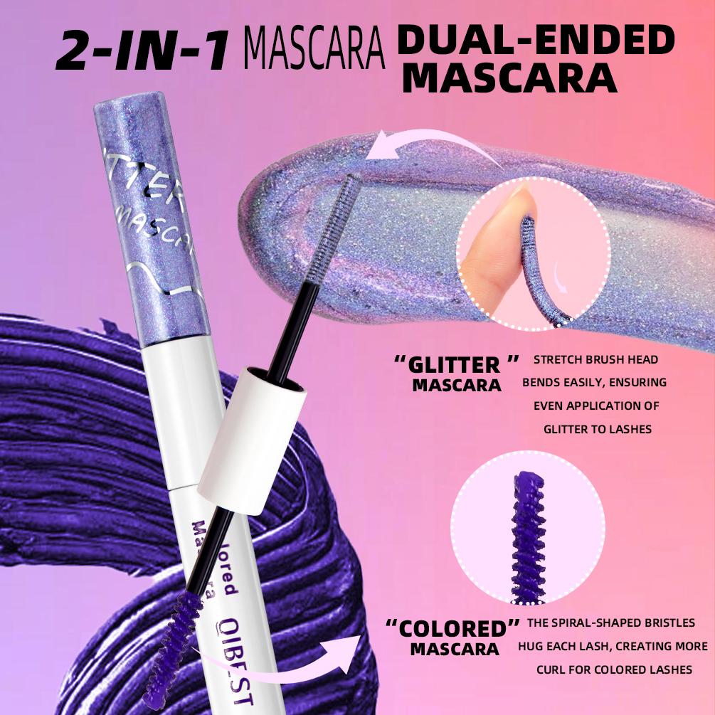 QIBEST Doppelseitiger Diamant-Glitzer-Mascara Langanhaltender Farbiger Mascara Wimpern Pink Blau Rot Voluminöser Wasserfester Mascara