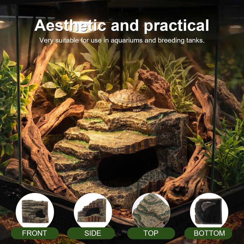 Reptile Hideout Cave Decorative Rock Basking Platform Aquarium and Terrarium Resin Ornament for Bearded Dragon Lizard Fish