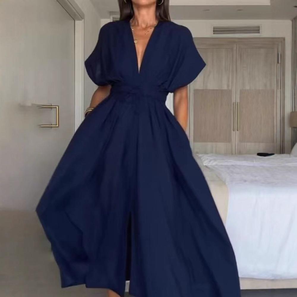 Women's Deep V‑Neck Short Sleeve Tie Waist Pleated Swing Elegant Summer Maxi Dress