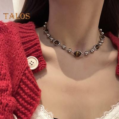 Collar de mujer con cuentas de aleación, decoración con piedra de ojo de tigre de imitación, longitud ajustable, clip de langosta, gargantilla, collar, fiesta, club, suéter, joyería para el cuello
