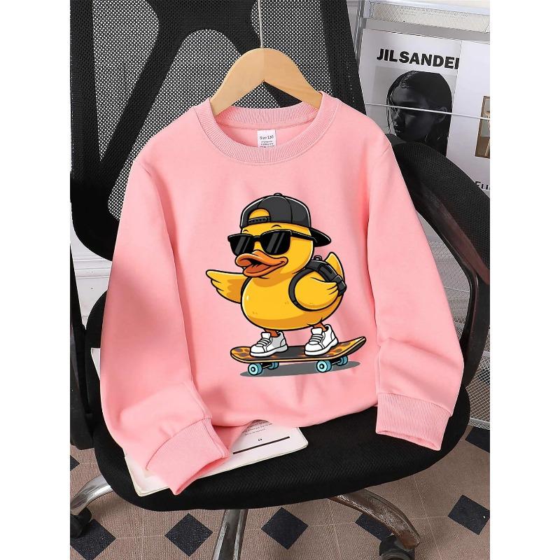 European sizes Crewneck Sweatshirt for Kids Featuring a Skateboard Duck Design, Suitable for Urban Style.Perfect for Both Sports And Casual Wear.