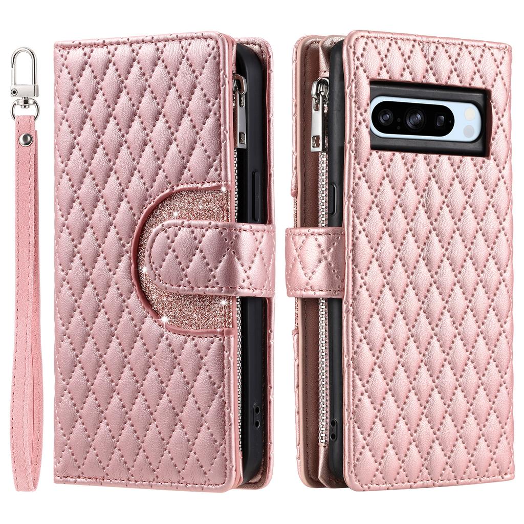 Checkered Glitter Crossbody Leather Zipper Wallet Cards Solt Case for Google Pixel 9 Pro 8A 8 7A 7 6A 6 Lanyard Flip Book Cover