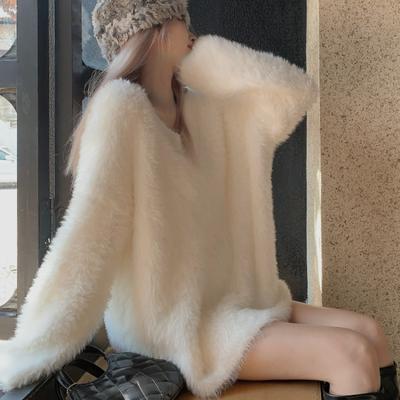 2023 Winter V-Neck Elegant Sweater Women Casual Outwear Faux Fur Knitted Pullover Office Lady Y2k Clothing Korean Fashion Chic