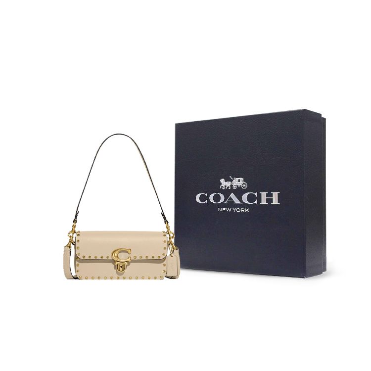 Coach Studio 20 Lock Closure Studded Decor Glove Tanned Leather Tote Shoulder Bag Small Women handbags Ivory CE763-B4IY