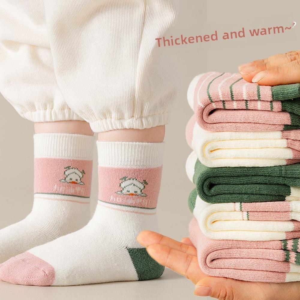 5pairs/1 Set Girls Cute Cartoon Mid Calf Socks Korean Princess Style Kids Versatile Winter