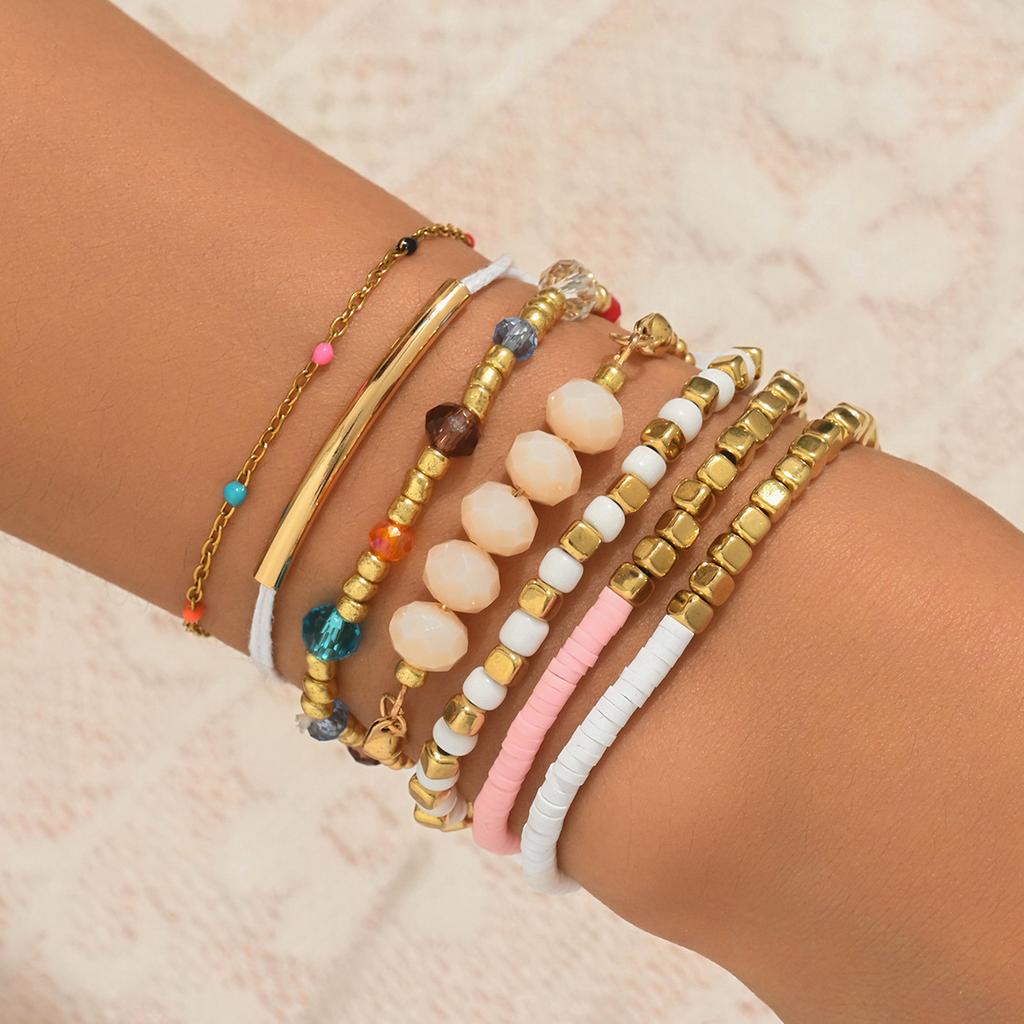 Bohemian Beaded Bracelet Set of 7 with Seed Beads and Heart Charm Stackable Ethnic Jewelry for Women