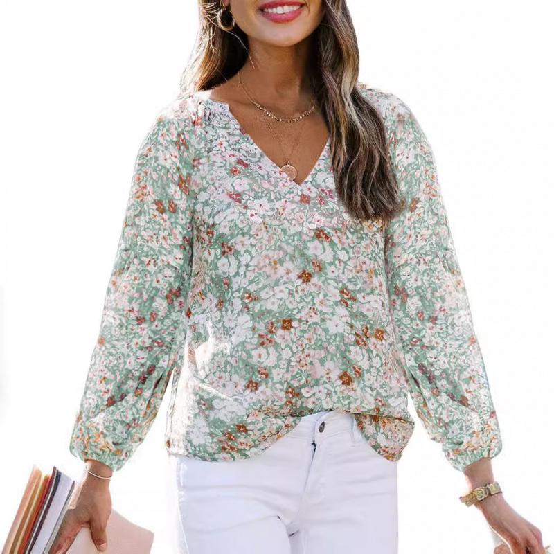 2026 New Spring and Autumn Women's V-neck Chiffon Top Lantern Sleeve Floral Casual T-shirt