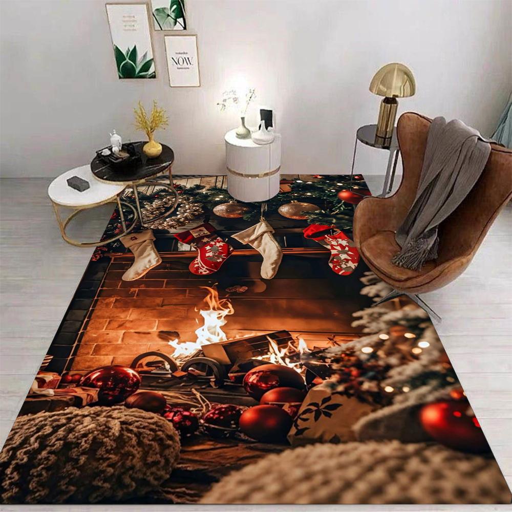 Vintage Christmas Fireplace Background Carpet Christmas Tree Gift Garland Indoor Home Christmas Decoration Carpet