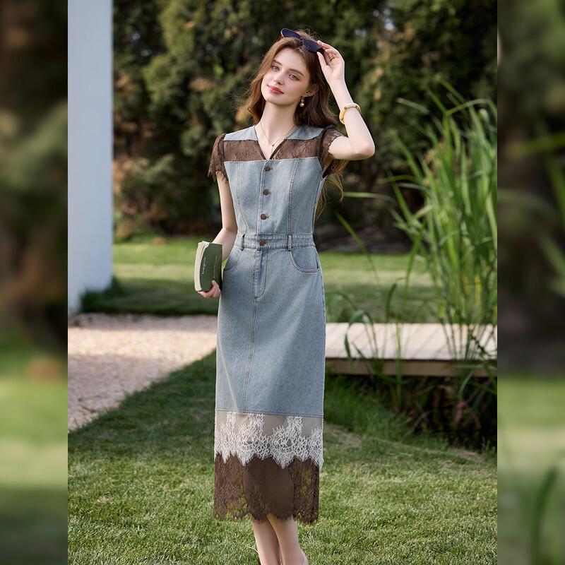 Bailuyu Denim  Lace Spliced V-neck Dress S