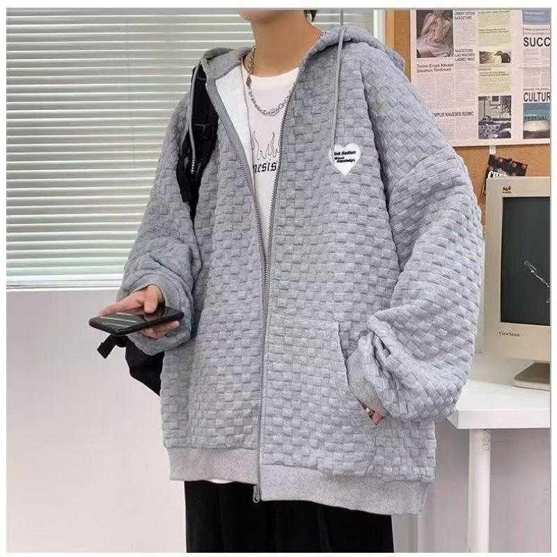 Jacket Men's Spring and Autumn Versatile Korean Style Trendy Student Loose Hong Kong Style Waffle Style Hooded Jacket