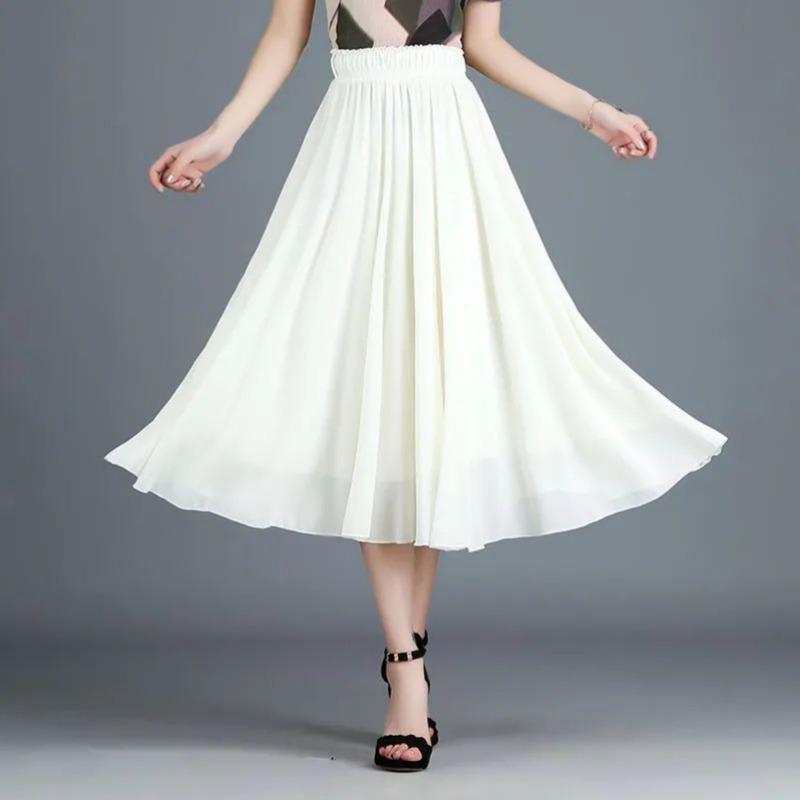 Chiffon Skirt Elastic Waistband Design Solid Color Women's High Waisted Dance Skirt Medium Length A-word Draping Long Skirt Commute Simple Casual