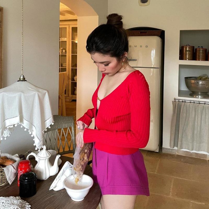 Pulover tricotat tricotat cu mânecă lungă, sexy, de toamnă și iarnă, cu etichetă aurie în V adânc