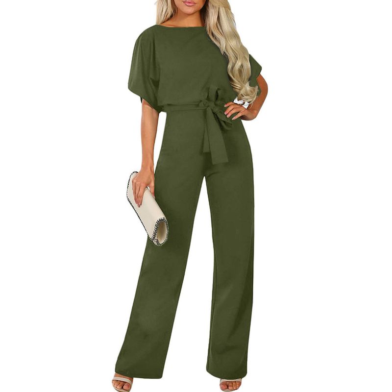 

2024 Summer Thin Pure Color Short Sleeve Rompers Women s European and American Personalized Series Belt Back Cut Out Wide Leg Jumpsuit Green XXL fit (80.00 kg-85.00 kg