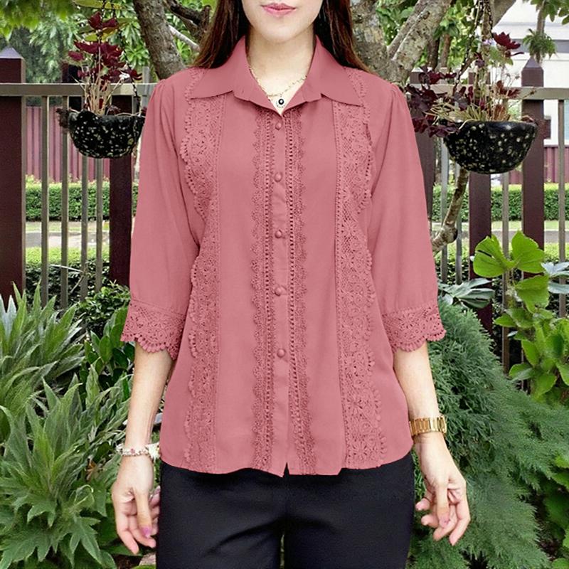 

ZANZEA Женская блузка с отложным воротником, рукавом 3/4 и кружевной вставкой 4XL