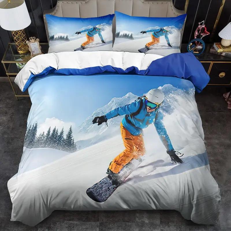 Ski Duvet Set Extreme Sports Themed Bedding Set Adult Youth Snow Mountain Printing Three-Piece Set