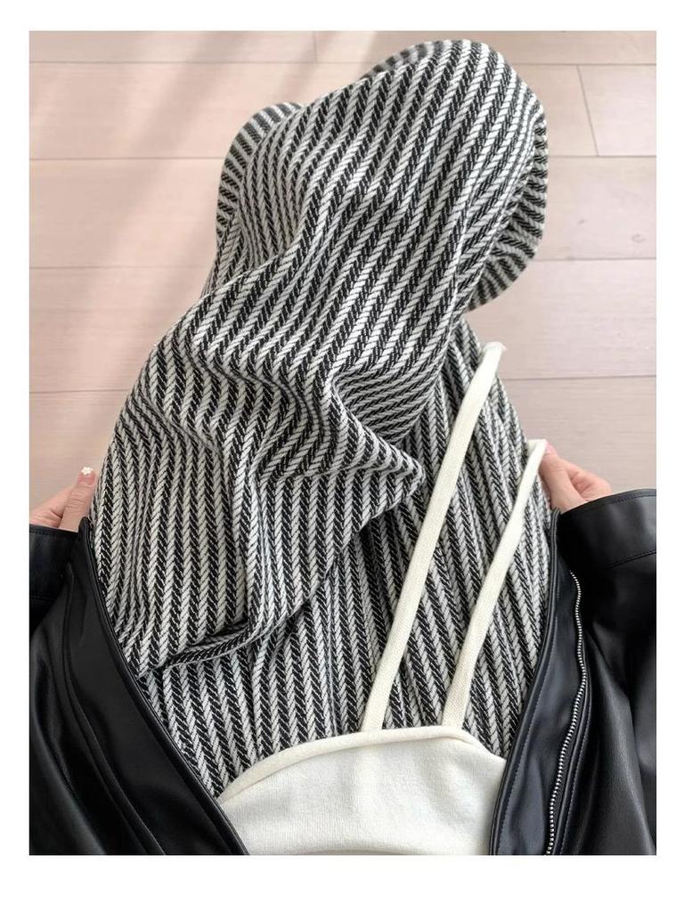 Women's Petite 145cm Black Stripe Wool Wide-Leg Pants - Retro Autumn/Winter Casual Stroll