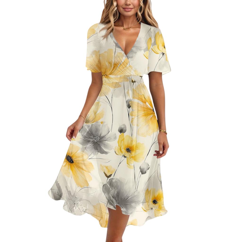 Women's Casual V Neck Short Sleeve Midi Dress Floral Print Wrap Style Lightweight Summer Dress