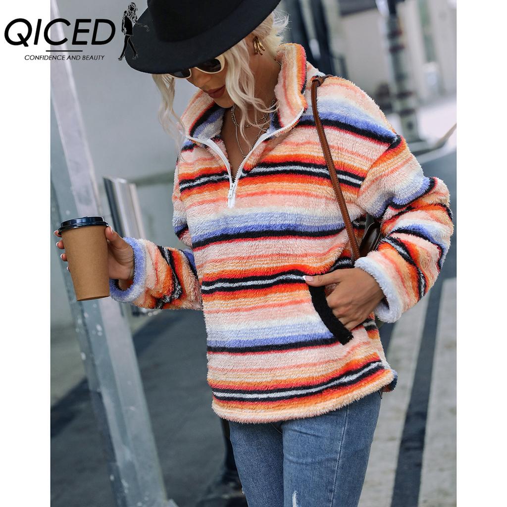 QICED Women's Mid-length Lapel Long-sleeved Double-sided Fleece Striped Printed Plush Pullover Hoodie