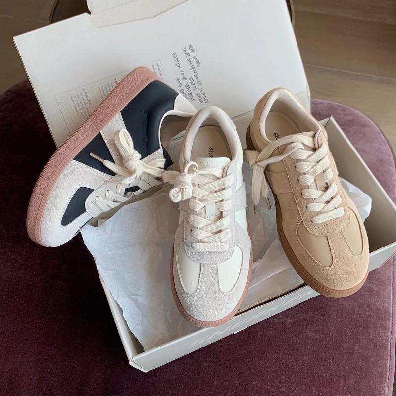 ~ Retro Round Head Color Matching Casual Board Shoes Lace-up Little White Shoes Women's Summer and Autumn