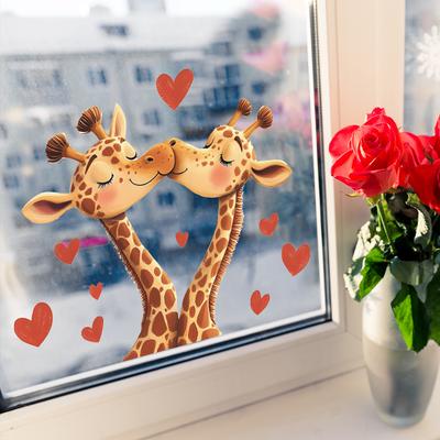Coppia di Giraffe Cartone Animato Amore Vetro Finestra Sfondo Casa Abbellimento Adesivi per Finestra