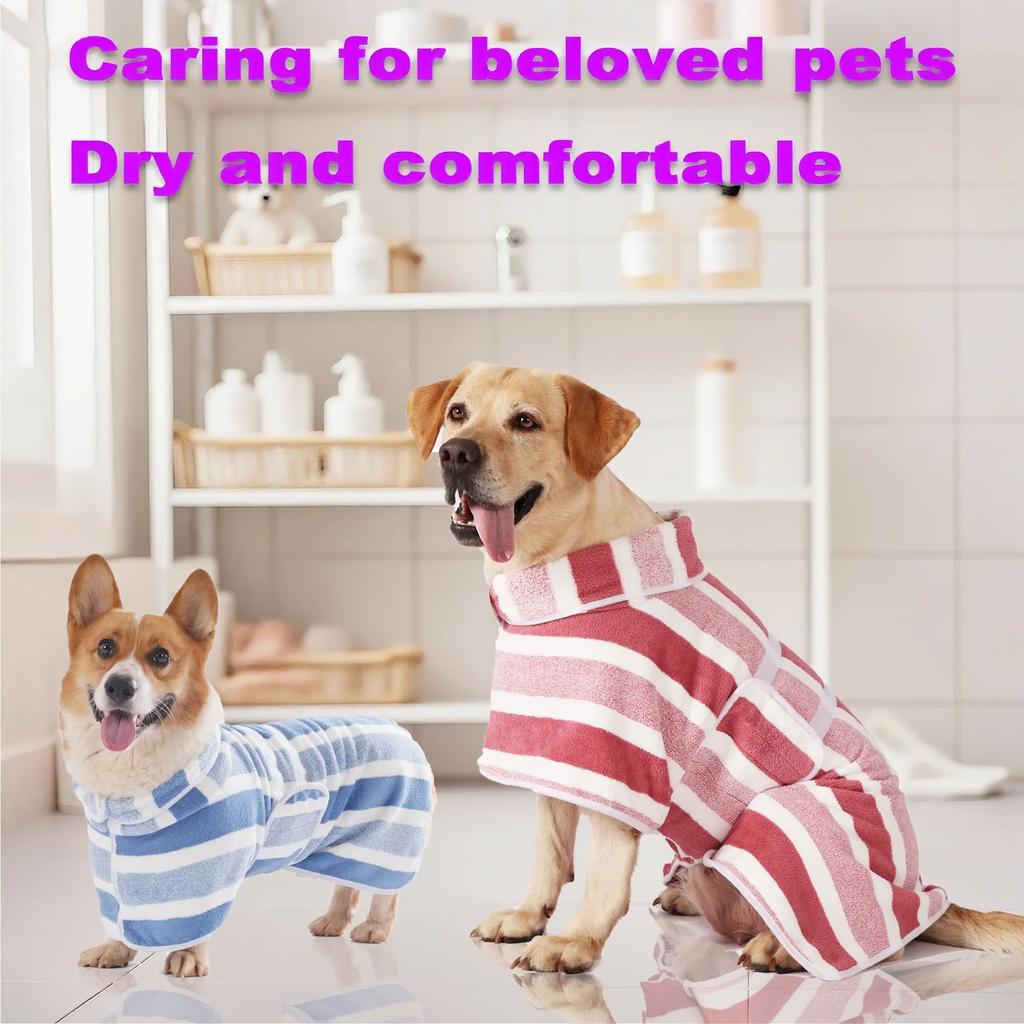 Quick-Drying Dog Bathrobe, 1-Piece Striped Pet Dressing Gown with Adjustable Belly Band, Super-Absorbent Super-Soft Fabric #GLOBAL PICKS