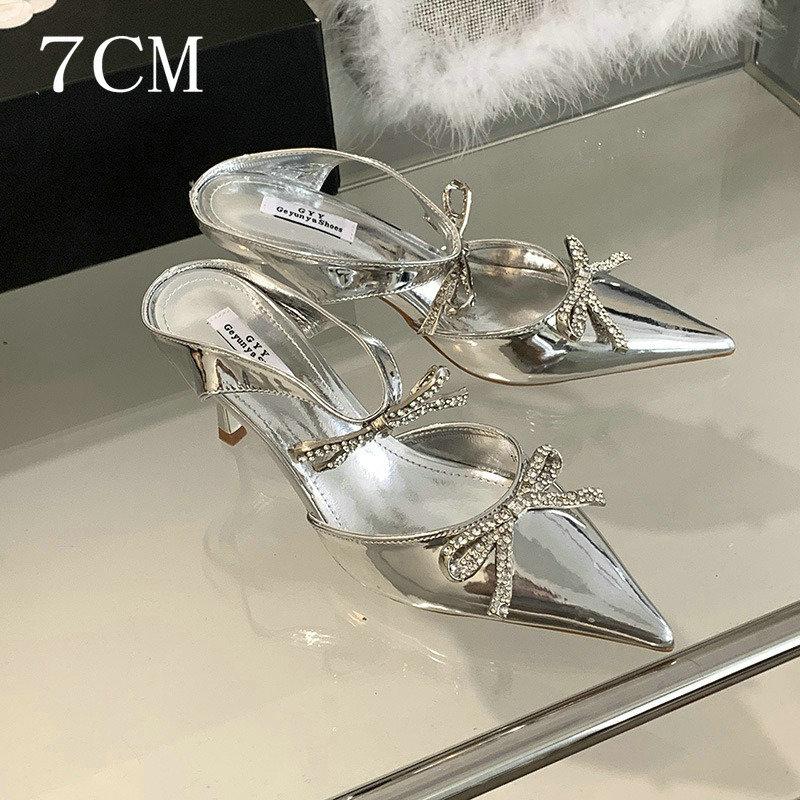 Advanced Sense ~! Silver Patent Leather Rhinestone Bow Pointy Half Slippers For Women With Fine Heels And High Heels