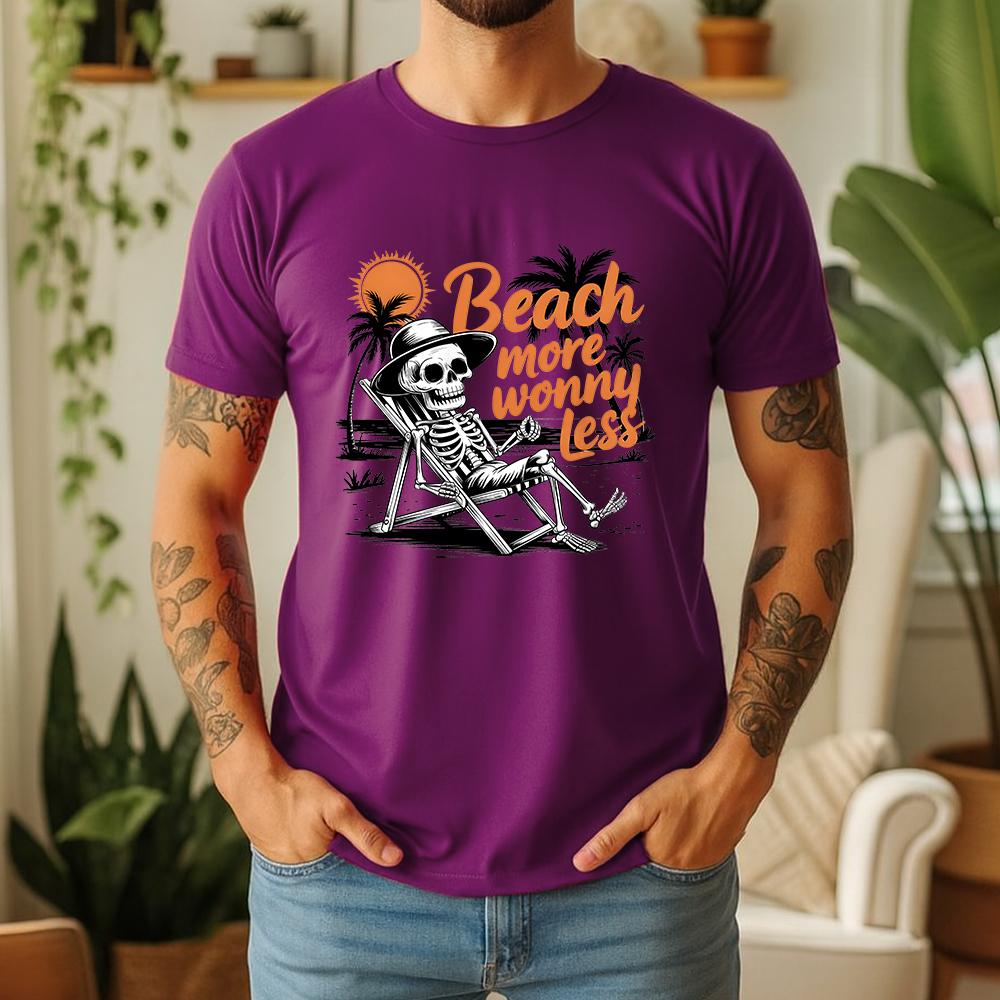 New Summer Unisexs 100 Pure Cotton TShirt Beach More Worry Less Retro Skeleton Style Casual Breathable Short Sleeve