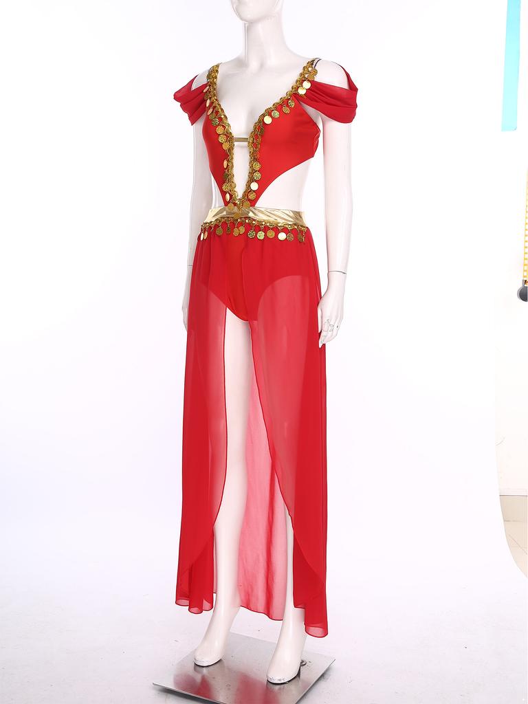 Ladies India Dance Costume S-3XL Sequin Tassel Bodysuit Dress V Neck Cutout Open Front Chiffon Hem with Built-in Shorts for Belly Dance