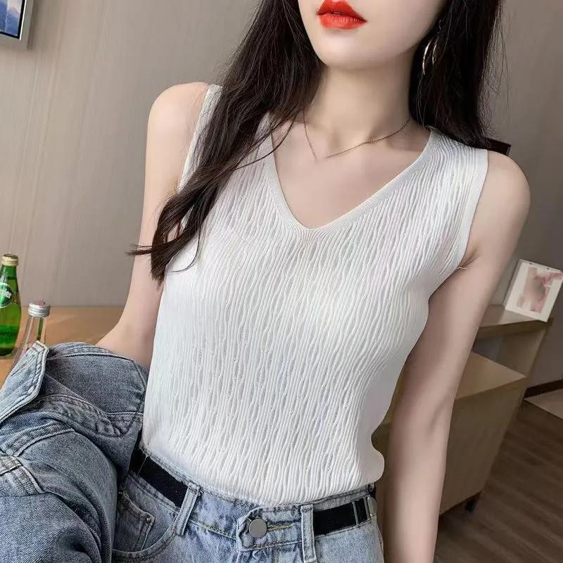 WTEMPO Femei cu decolteu în V, maiuri tricotate largi, primăvară, vară, culoare solidă, cu camisole elastice, veste scurte, de dimensiuni mari, tricotate, de bază.