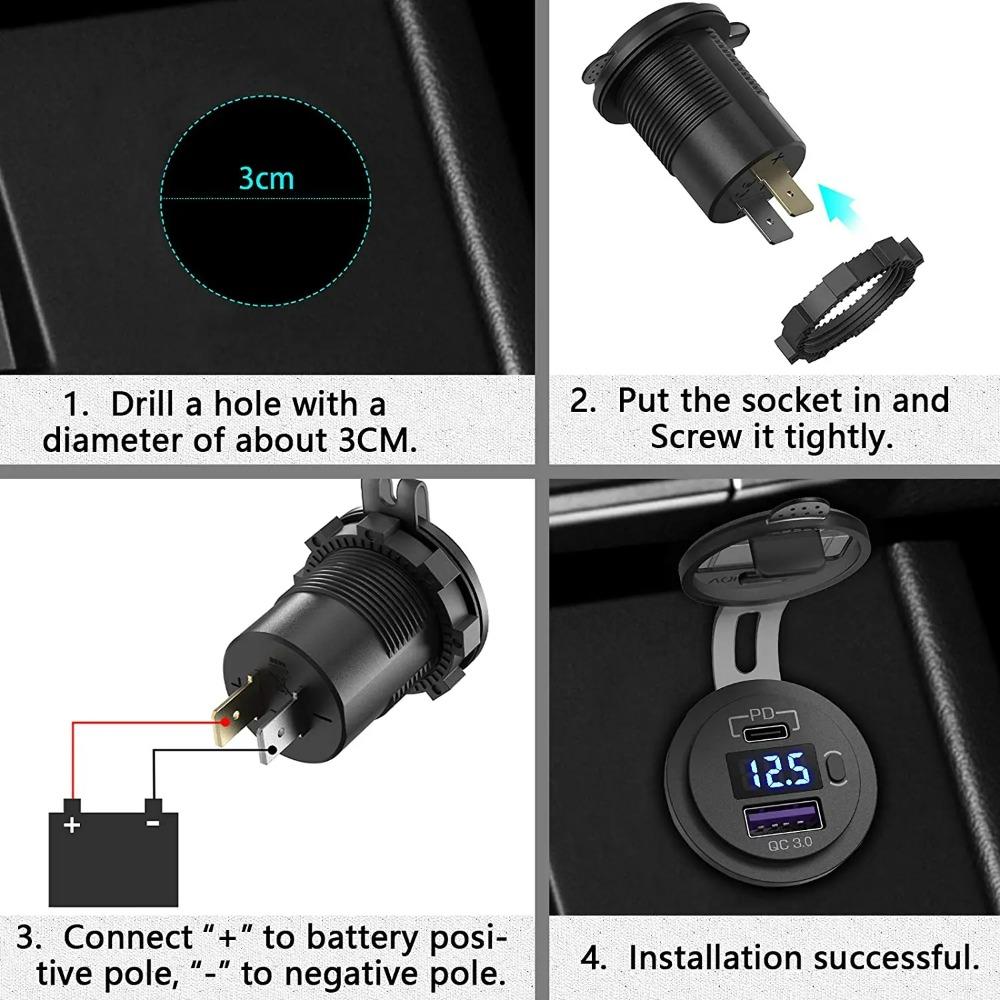 12V 48W USB Charger Outlet Waterproof Charger Socket PD Type C and QC3.0 USB Port USB Socket for Car Boat Marine Truck