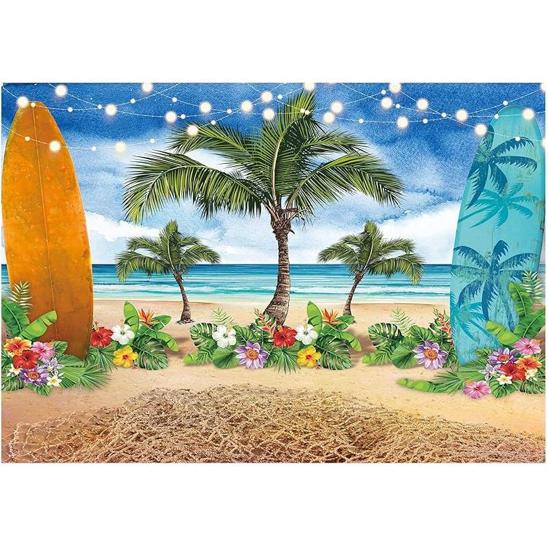 

Allenjoy Summer Beach Ocean Photography Backdrops Blue Sky Seaside Surfboard Tropical Palm Trees Luau Kids Girl 1st Birthday Party Decor Banner Baby 7 x5