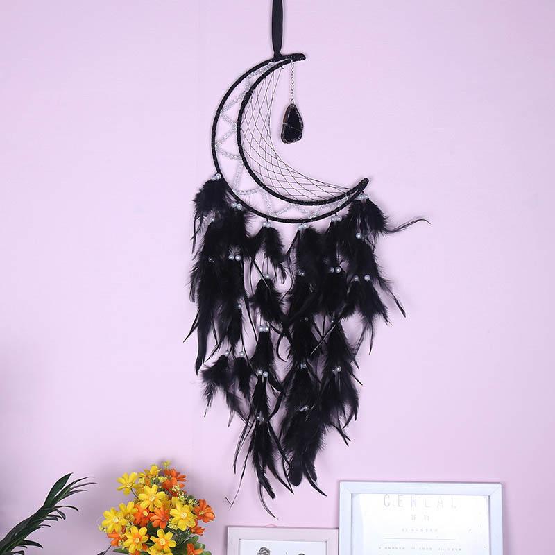 

Vintage Black Feathers Dream Catcher Moon Wind Chimes Wall Hangings Door Pendant Handmade Ornaments Outdoor Decor For Halloween чорний