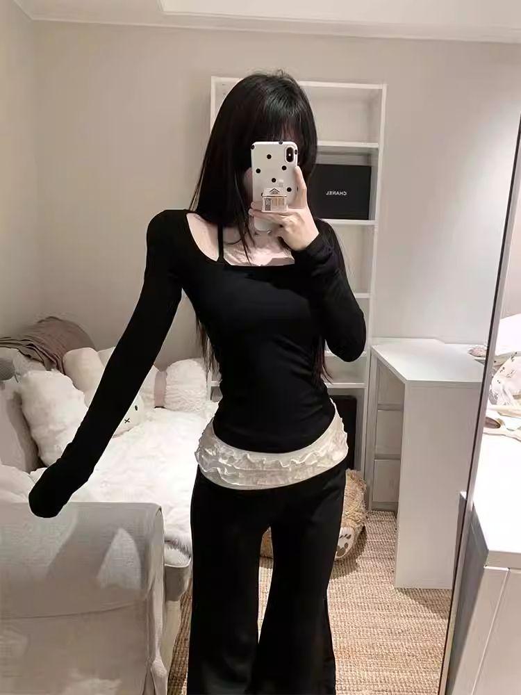 Spring/Summer 2025 Women's Pleated Lace Micro-Flare Ballet Pants - Floor-Length Trousers