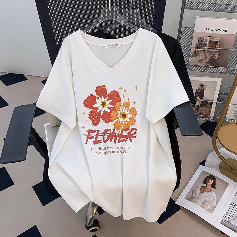 Plus Size Women s Slimming V-Neck Mid-Length Short-Sleeve T-Shirt 4XL